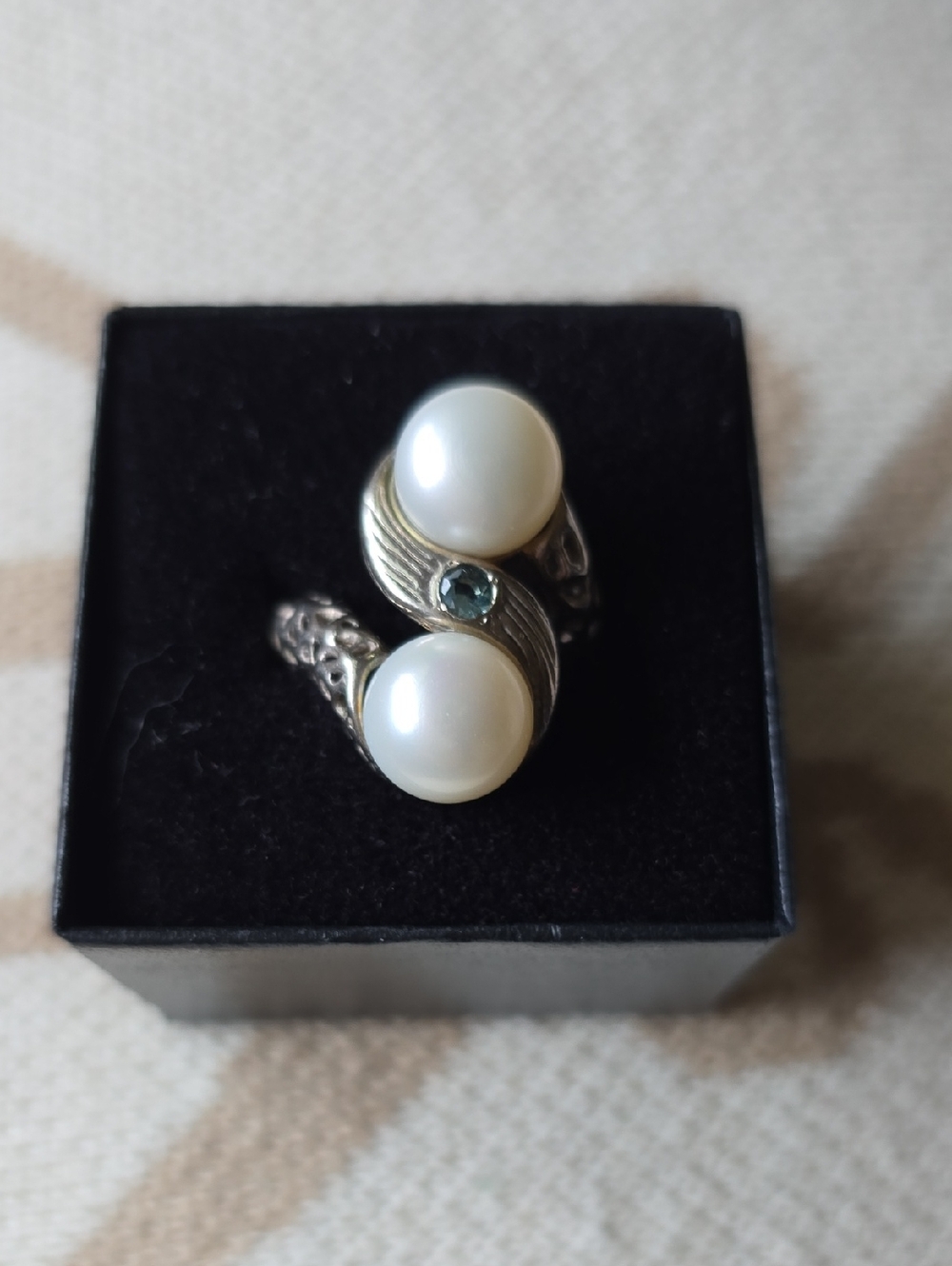 Classic Pearl Double-Accent Ring with Blue Stone